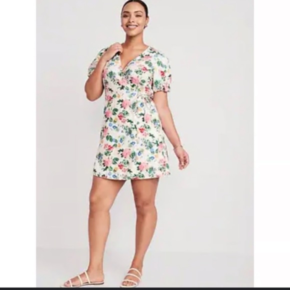 NWT Puff Sleeve Linen/Cotton Floral Cottegcore Mini Wrap Dress - Picture 1 of 5